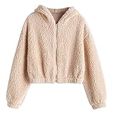 ZAFUL Damen Reißverschluss Faux Lammfell Flauschige Übergroß Mit Kapuze Teddy Jacke Mantel(Leichtes Khaki,S)