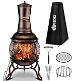 tillvex Terrassenofen mit Funkenschutz und XXL Zubehör | Gartenkamin mit Grillfunktion | Feuerstelle Antik Gartenofen mit Abdeckung BBQ Grillrost Schürhaken Grillzange Bürste (Bronze, 90)