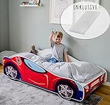 Autobett Kinderbett Jugendbett 70x140 | 80x160 mit Rausfallschutz & Matratze | Kinder Spielbett Rennfahrer