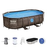 Bestway Power Steel™ Swim Vista Series™ Frame Pool 427 x 250 x 100 cm, Komplett-Set mit Filterpumpe, oval, braune Rattan-Optik