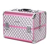 SONGMICS Kosmetikkoffer Schminkkoffer Schminkaufbewahrung Beauty Case Schminkkasten Multikoffer Etagenkoffer mit Diamant-Muster Silbernes Pink 36 x 28 x 23 cm JBC319P