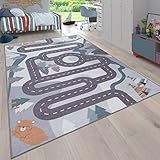 Paco Home Kinderteppich Spielteppich Teppich Kinderzimmer Junge Mädchen Tier Und Straßen Muster rutschfest Creme Blau Grau, Grösse:100x200 cm