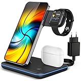 Wireless Charger, 3 in 1 Kabellose Ladestation mit Atemanzeige Kompatibel mit iPhone, AirPods, iWatch, Samsung, Huawei, Ladegerät mit QC Adapter