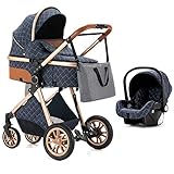 OneMoreBuck® 3 in 1 Kinderwagen Komplettset, Kombikinderwagen Set incl. Babywanne Buggy Auto-Babyschale, mit Fußsack Alu-Rahmen Voll-Gummireifen Wickeltasche Moskitonetz Sommermatte Regenschutz