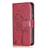 Conber Hülle für Huawei P10, PU Leder Tasche Flip Case Lederhülle Handyhülle, Vintage Katze und Baum Schutzhülle für Huawei P10 - Rot