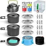 Odoland Camping Geschirr Set 29 Teiliges Outdoor Kochgeschirr Set für 12L Faltschüssel Faltbare Topf & Pfanne aus Aluminium und Edelstahl Kaffeekanne Camping Besteck im Picknick für 4 Personen