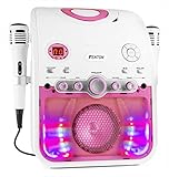 Fenton SBS20W Karaoke Anlage mit 2 Mikrofonen, CD PLUS G-Player, Kinder Karaoke Maschine mit Bluetooth und eingebautem Lautsprecher, LED-Beleuchtung, AV OUT - Weiß Rosa