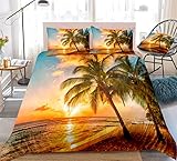 Anwind Bettbezug Ozean Strand Hawaii Holiday Style Trösterbezug Bettbezug und Kissenbezug Schlafzimmer Dekoration Bettwäsche-Set (Sonnenuntergang am Strand, 135x200cm)