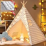 Tiny Land Tipi Spielzelt für Kinder Kinderzimmer mit Gepolsterter Decke & Lichterkette- Drinnen Baumwolle Segeltuch Kinderzelt Indianerzelt (Grauer Chevron 165cm Hoch )…