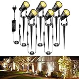 Greenclick Gartenbeleuchtung LED, 6 Set 1800LM 21 m Kabel Gartenbeleuchtung mit Strom, IP65 wasserdicht Gartenleuchte mit Erdspieß, Gartenstrahler Warmweiß COB Gartenlampe für Außen Rasen Weg Teich