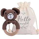 Youuys Babyrassel Gehäkelte Beißring Holz Greifling Baby Rassel Beißring mit Sound für Neugeborenes Baby Geschenk Junge und Mädchen Geschenk zur Geburt (Bär)