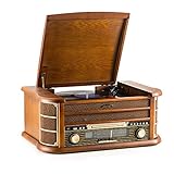 SHUMAN 7 IN 1 Holz Musikanlage,Plattenspieler, CD-Player,MP3- Player, Kabellos,USBPort,FM Radio-Tuner, Kassettenspieler,Cinch-Ausgang,Mit Fernbedienung (MC250BT)