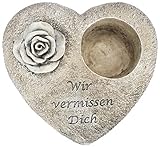 COM-FOUR® Grab Dekoration Herz mit Rose, Gedenkstein mit Halter für Grablicht oder Trauergesteck, wetterfester Grabschmuck, Trauerstein mit Gedenkspruch (1 Stück - Herz Rose Kerzenhalter)