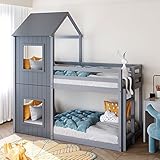 JINTAOMA Hochbett Kinder mit Rutsche, Massivholz Kinderbett Etagenbett 90x200, Stockbett Für 2 Kinder, Hausbett, Etagenbettrahmen, Spielbett, Jugendbett,Grey