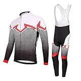 SKYSPER Herren Fahrradbekleidung Set Langarm Radtrikot Winter Winddicht Fahrradanzug Fahrradtrikot Radjacke Radsport Gemütlich Trägerhose Fahrradhose mit 3D Sitzpolster (KJH-02, L)