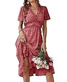 Avondii Damen Sommerkleid V Ausschnitt Boho Kleid Blumen Kurzarm chiffonkleid (L, Weinrot)