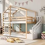 Hochbett mit Treppe & Schubladen, Etagenbett Stockbett für 2 Kinder mit Rausfallschutz und 2 Lattenrost, Massivholz Kinderbett, Jugendbett, Doppelbett Hausbett, 90x200