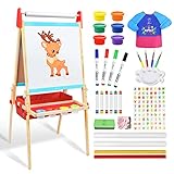 Joyooss Holz Kinder Staffelei mit Papierrolle, Höhenverstellbare Kindertafel mit Doppelseitige Magnetische Whiteboard & Kreidetafel, Spieltafel, Standtafel mit Malzubehör für kinder ab 3 Jahre