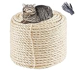 Natürliches Sisal Seil 8mm x 60Meter,Sisalseil für Reparatur und Ersatz von Katzen,natürliches Weiß Sisalseil für Kratzbäume,Spielzeug für Katzen,Gartendekoration (Mit einem Paar Schutzhandschuhen)