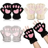 Katzenpfote Handschuhe 3 Paare Kawaii Handschuhe Katzenpfoten Cosplay Kunstpelz Plüsch Katzen Handschuhe Löwenpfoten Fingerlose Handschuhe für Mädchen Frauen (Schwarz, Weiß, Grau)