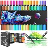 Brush Pen Set, 60 Farben Dual Tip Pinselstifte Aquarell mit 8 Ocean Serie Malvorlage, Filzstifte Dicke und Dünne Doppelfasermaler für Kinder und Erwachsene Mandala Fasermaler 1-2 mm / Fineliner 0,4 mm