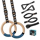 Vulken Gymnastikringe aus Holz, 32 mm, mit verstellbaren nummerierten Gurten Olympische Ringe für Core-Workout Bodyweight-Training Zuhause Gym Ringe mit Workout-Griffen, Blau