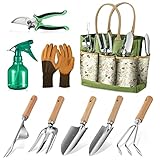 Grenebo Gartengeräte: 9PCS Gartenwerkzeug Set Gartengeräte Set für Gartenarbeit mit Große Gartentasche & Gartenschere, Ideal Garten Geschenke für Frauen/Männer, Geschenke für Mama