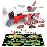 Veluoess Transport Flugzeug Spielzeug, Flugzeugspielzeug mit 6 Mini-Feuerwehrwagen und Szenenspielmatte Auto Flugzeug Spielzeug für Kinder 3+