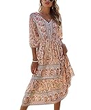 ACLOIN Maxikleider Damen Blumen Kleider Sommerrock Sommerkleid Lang Strandkleid Boho V-Ausschnitt Kleid (Aprikose, L)