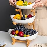 Obstkorb mit 3 Ebenen, Keramik, natürlicher Bambusständer, Küche, Organizer für Gemüse und Obst ,Servierschalen für Desserts, Obst, Gemüse, Süßes uvm.