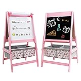 Kinder Staffelei Standtafel Kindertafel Holz, Whiteboard+Kreidetafel+Papierrolle+2 Aufbewahrungsboxen, magnetische Doppelseitige Schreibtafel Schultafel Geschenke für Kinder, 93 x 54 x 45 cm (Rosa)