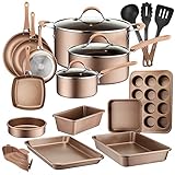 NutriChef 20-Piece Nonstick Cookware PTFE/PFOA/PFOS-Free Heat Resistant Lacquer Kitchen Ware Backformen-Set mit Stielkasserolle, Bratpfannen, Kochtöpfen, Ofentopf, Deckel, Küchenutensilien, Gold