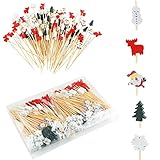 Bekeify Weihnachten Cocktailspieße 200Pcs Holzspieße Fingerfood 12cm Cocktail Sticks Schneeflocke Obststäbchen Schneemann Bambusspieße Fruit Picks Rentier Weihnachtsbaum für Weihnachten Dekoration