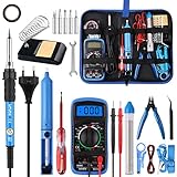 Lötkolben Set 24PCS, WOWGO 60W Schweißwerkzeuge Elektrisches Lötset mit 5 austauschbaren Spitzen, einstellbarer Temperatur, Digitalmultimeter, Lötkolbenständer, Entlötpumpe, tragbarer Werkzeugtasche