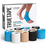 TRUETAPE® Haftbandage | Selbstklebender Verband I 12 Rollen Verbandsmaterial in vier Farben à 5cm x 4,5m | Selbsthaftende elastische Bandage I Fixierbinde