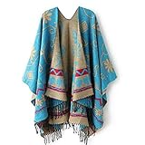 Damen Strickjacken, Poncho, Mantel, Pullover, gestrickter Schal, Winterumhang, Schal, Mütze, blau, One size