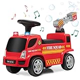 GOPLUS Rutschfahrzeug mit Seifenblasenpistole, Rutschauto mit Sirene & Musik für Jungen & Mädchen, Feuerwehr-Rutschfahrzeug mit Schillernden Lichtern, Kinderfahrzeug für 18-36 Monate, Rot (Modell 2)