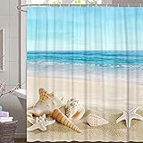 M&W DAS DESIGN Duschvorhang Meer Küste Pastell Strand Ozean Muscheln Seestern Textil Himmel Vorhang Schimmelresistent Beach Resort blau türkis Welle Relax inkl. 12 C-Ringe Gewicht unten 180x200(BxH)