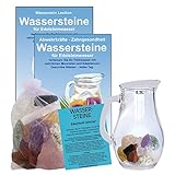 Wassersteine EDELSTEINWASSER Set 300g EDELSTEINE RUHE & ENTSPANNUNG zum WASSER energetisieren + 0,5L Glaskrug Karaffe. 5-tlg SET zur Wasseraufbereitung. Mit TÄSCHCHEN & ANLEITUNG. 90036-1