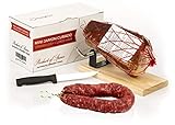 Serrano Schinken gereift ohne Knochen + Schinkenhalter + Schinkenmesser 1 KG (Spanischer Schinken) + Salchichón Serrano Dauerwurst Extra 200 g