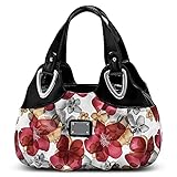 DIRRONA Damen Handtasche Schultertasche Kompakt Tragetasche Lässige Handgelenktasche Wasserdicht PU Leder Damenhandtasche Blume Rot + Schwarz