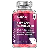 Multivitamin Gummibärchen - 120 Stück mit 14 Vitaminen & Mineralstoffen für Erwachsene mit Vitamin C, A, D3, B6, B12, Biotin, Folsäure, Jod, Zink & mehr - Erdbeergeschmack - von WeightWorld