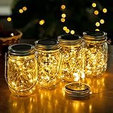 Solarlampen für Außen 4 Stück Mason Licht Wasserdichte Hängend Sonnenglas Solarleuchten mit Extra Solar Jar Lids für Gartendeko Garten Party Hochzeit Camping Weihnachten Balkon Bäume Leuchten Deko