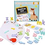 HIULLEN Buchstaben Lernen Spiele ab 3-8 Jahre, Rechtschreibung Lernspielzeug, Vorschule Montessori Spielzeug, mit Holz ABC Alphabet & Karteikarten, Geschenk für 3 4 5 6 7 8Jährige