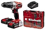 Einhell Akku-Schlagbohrschrauber TE-CD 18/2 Li-i +64 (2x2,0Ah) Power X-Change (Li-Ion, 18 V, 40 Nm, 2-Gang-Getriebe, inkl. 2x 2,0 Ah Akkus, Ladegerät, Koffer, 64-tlg. Zubehör-Set)