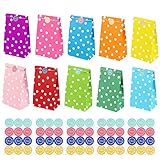 50pcs Papier Geschenktüten Candy Tüten Partytüten, Vegena Papiertüten Kraftpapier Bunt mit 60 Aufkleber für Geburtstag Party Babyparty Hochzeit Geschenk Papiertasche Deko Taschen