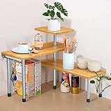 Eckregal Küchen-Eckregal Regal Küchenregal Gewürzregal Kräuterregal Tellerregal Küchengestell Tisch Organizer 3 Ebenen aus Bambus mit Haken, für Küche Büro Wohnzimmer Arbeitszimmer (Natur)