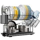 Abtropfgestell Geschirr Schwarz, 2-stufiges Geschirrabtropfgestell Edelstahl, Geschirr Abtropfständer Abtropfgitter, Geschirrtrockner mit Utensilienhalter und Abtropfschale, Dish Drying Rack Drainer