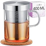 Cosumy Teetasse mit Sieb und Deckel inkl. Untersetzer 400ml - Borosilikat Glas - Feinmaschiger Filter