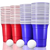 TRESKO 100 Beer Pong Becher + 12 Bälle wiederverwendbar | Partybecher 473ml - 16oz | Bierpong, Red Cups extra stark | Plastikbecher Rot & Blau